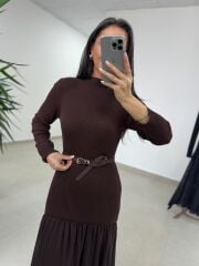 Kn 98426 Eteği Şifon Detaylı Triko A. Kahve Elbise