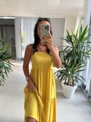 Cr 1579 Sarı Askılı Maksiboy Pamuk Viskon Elbise