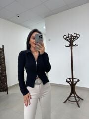 Po 2653 Çift Fermuarlı Polo Yaka Siyah Triko