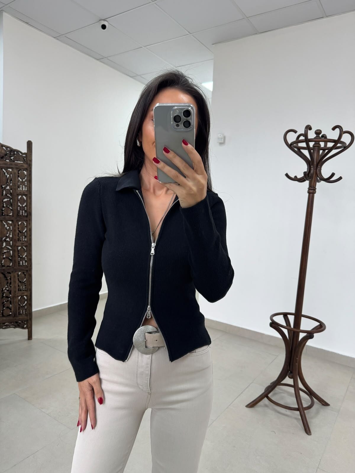 Po 2653 Çift Fermuarlı Polo Yaka Siyah Triko