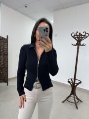 Po 2653 Çift Fermuarlı Polo Yaka Siyah Triko