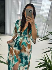 My 3154 Yeşil Kahve Geçişlşli Elbise