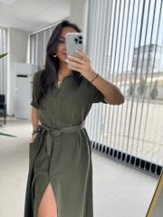 Cr 1005 Haki Kısa Kol Gömlek Elbise