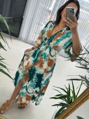 My 3154 Yeşil Kahve Geçişlşli Elbise