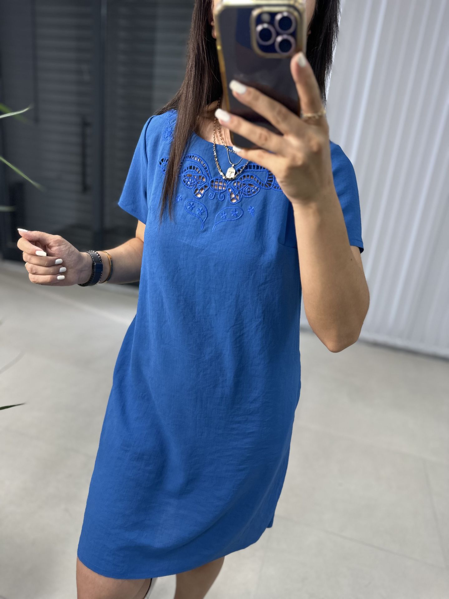 Fisto Nakışlı Mavi Elbise