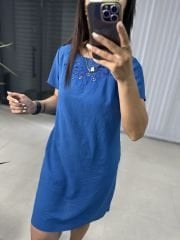 Fisto Nakışlı Mavi Elbise