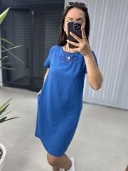 Fisto Nakışlı Mavi Elbise