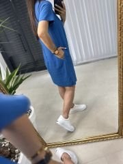 Fisto Nakışlı Mavi Elbise