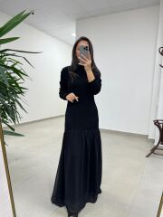 Kr 98426 Eteği Şifon Detaylı Triko Siyah Elbise