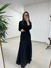 Kr 98426 Eteği Şifon Detaylı Triko Siyah Elbise