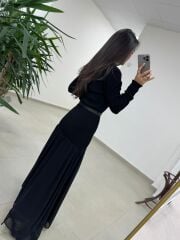 Kn 98426 Eteği Şifon Detaylı Triko Siyah Elbise