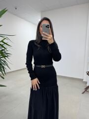 Kn 98426 Eteği Şifon Detaylı Triko Siyah Elbise