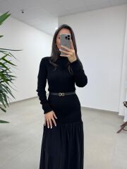 Kr 98426 Eteği Şifon Detaylı Triko Siyah Elbise