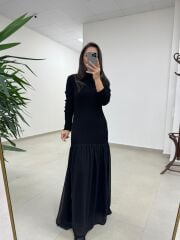 Kn 98426 Eteği Şifon Detaylı Triko Siyah Elbise