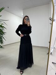 Kn 98426 Eteği Şifon Detaylı Triko Siyah Elbise