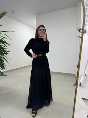 Kr 98426 Eteği Şifon Detaylı Triko Siyah Elbise