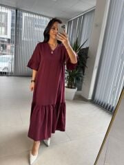Dr 8406 Tasarım Kol Fırfırlı Bordo Tensel Elbise