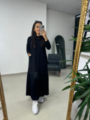 Dr Eteği Pileli Siyah Sweat Elbise