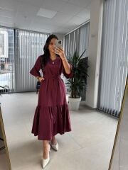 Dr 8406 Tasarım Kol Fırfırlı Bordo Tensel Elbise