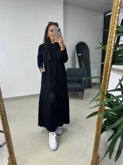 Dr Eteği Pileli Siyah Sweat Elbise