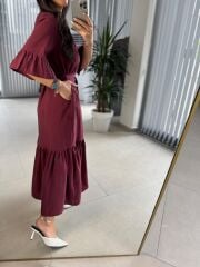 Dr 8406 Tasarım Kol Fırfırlı Bordo Tensel Elbise