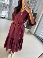 Dr 8406 Tasarım Kol Fırfırlı Bordo Tensel Elbise