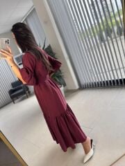 Dr 8406 Tasarım Kol Fırfırlı Bordo Tensel Elbise