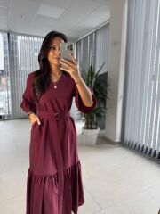 Dr 8406 Tasarım Kol Fırfırlı Bordo Tensel Elbise