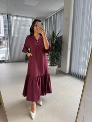 Dr 8406 Tasarım Kol Fırfırlı Bordo Tensel Elbise