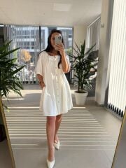 Bb 30089 Beyaz Balon Kol Düğmeli Pamuk Keten Elbise