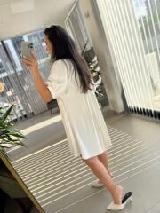 Bb 30089 Beyaz Balon Kol Düğmeli Pamuk Keten Elbise