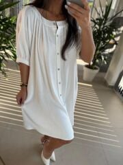 Bb 30089 Beyaz Balon Kol Düğmeli Pamuk Keten Elbise