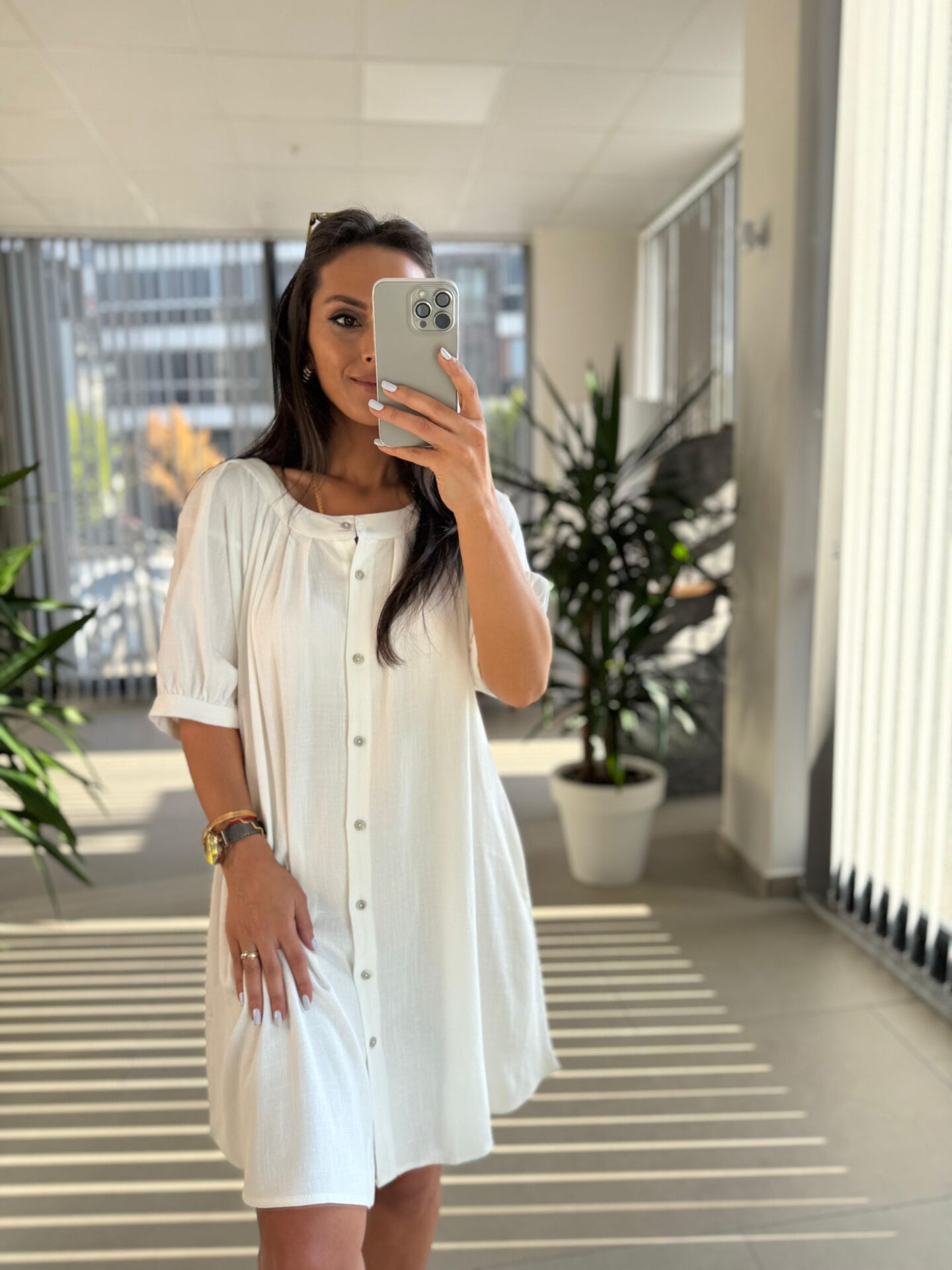 Bb 30089 Beyaz Balon Kol Düğmeli Pamuk Keten Elbise