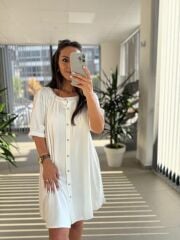 Bb 30089 Beyaz Balon Kol Düğmeli Pamuk Keten Elbise