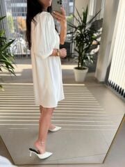 Bb 30089 Beyaz Balon Kol Düğmeli Pamuk Keten Elbise