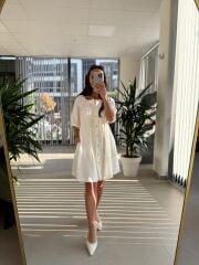 Bb 30089 Beyaz Balon Kol Düğmeli Pamuk Keten Elbise