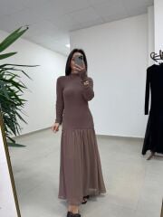 Kr 98426 Eteği Şifon Detaylı Triko Vizon Elbise