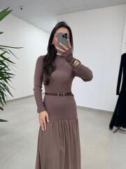 Kr 98426 Eteği Şifon Detaylı Triko Vizon Elbise