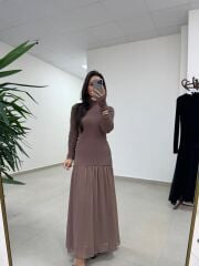 Kr 98426 Eteği Şifon Detaylı Triko Vizon Elbise