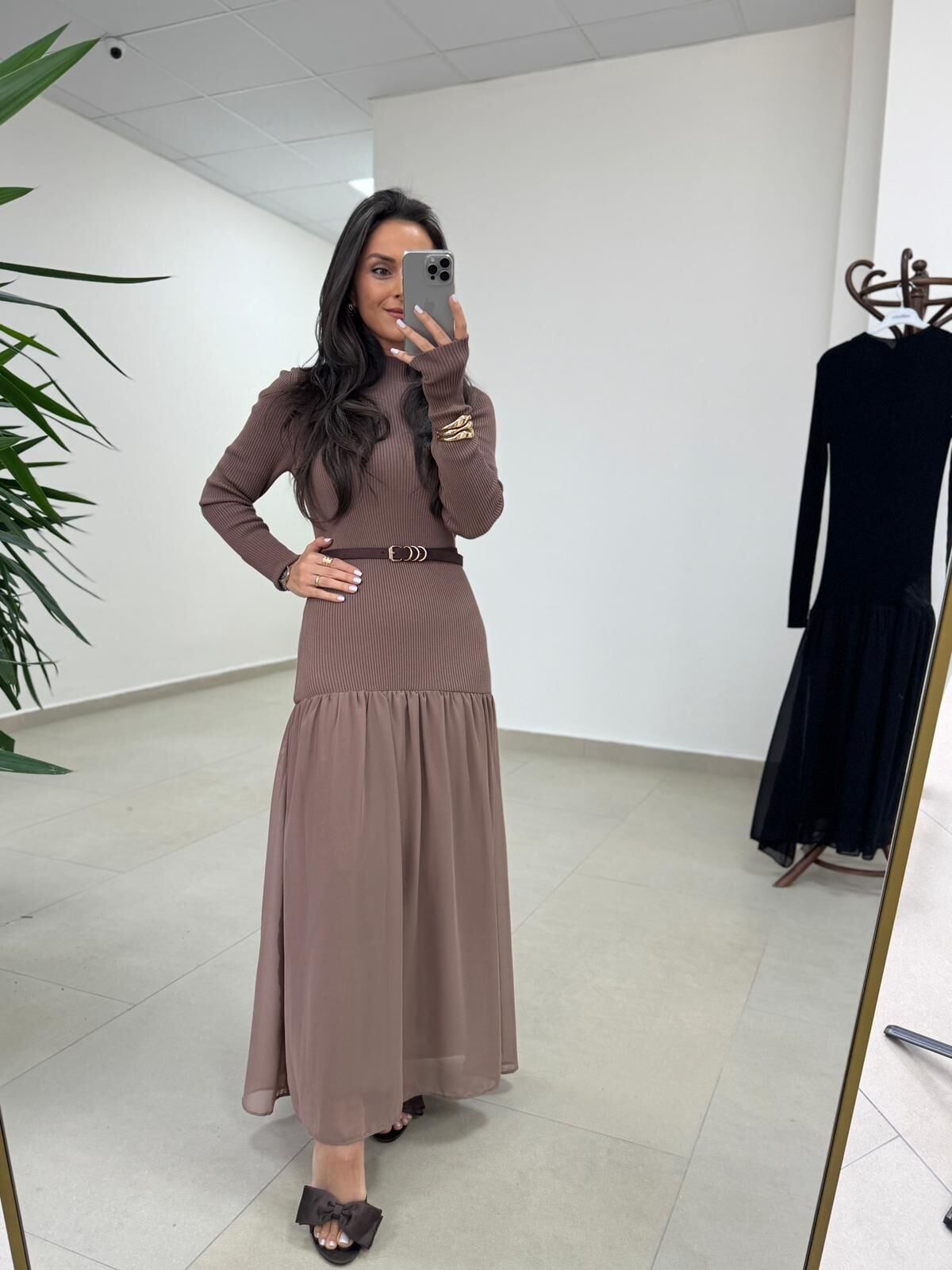 Kr 98426 Eteği Şifon Detaylı Triko Vizon Elbise