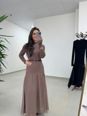 Kr 98426 Eteği Şifon Detaylı Triko Vizon Elbise