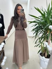 Kr 98426 Eteği Şifon Detaylı Triko Vizon Elbise