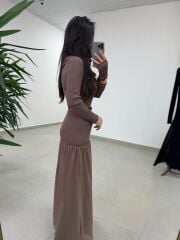 Kn 98426 Eteği Şifon Detaylı Triko Vizon Elbise