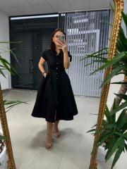 Ms Tensel Siyah Düğmeli Gömlek Elbise