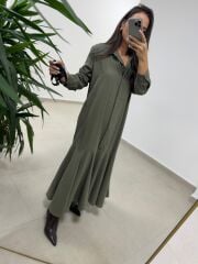Dr 8545 Haki Etek Volanlı Gömlek Elbise