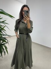 Dr 8545 Haki Etek Volanlı Gömlek Elbise