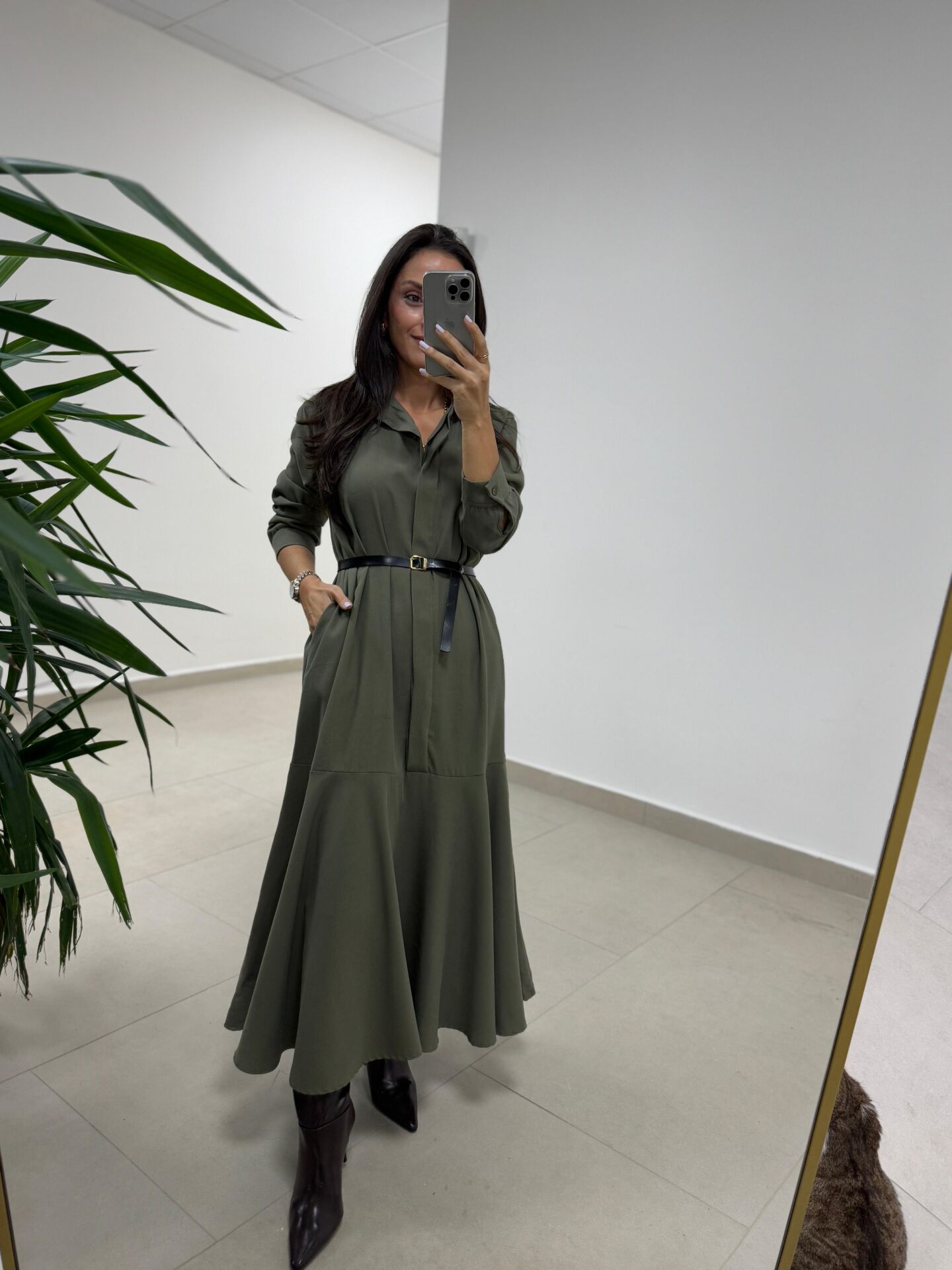 Dr 8545 Haki Etek Volanlı Gömlek Elbise