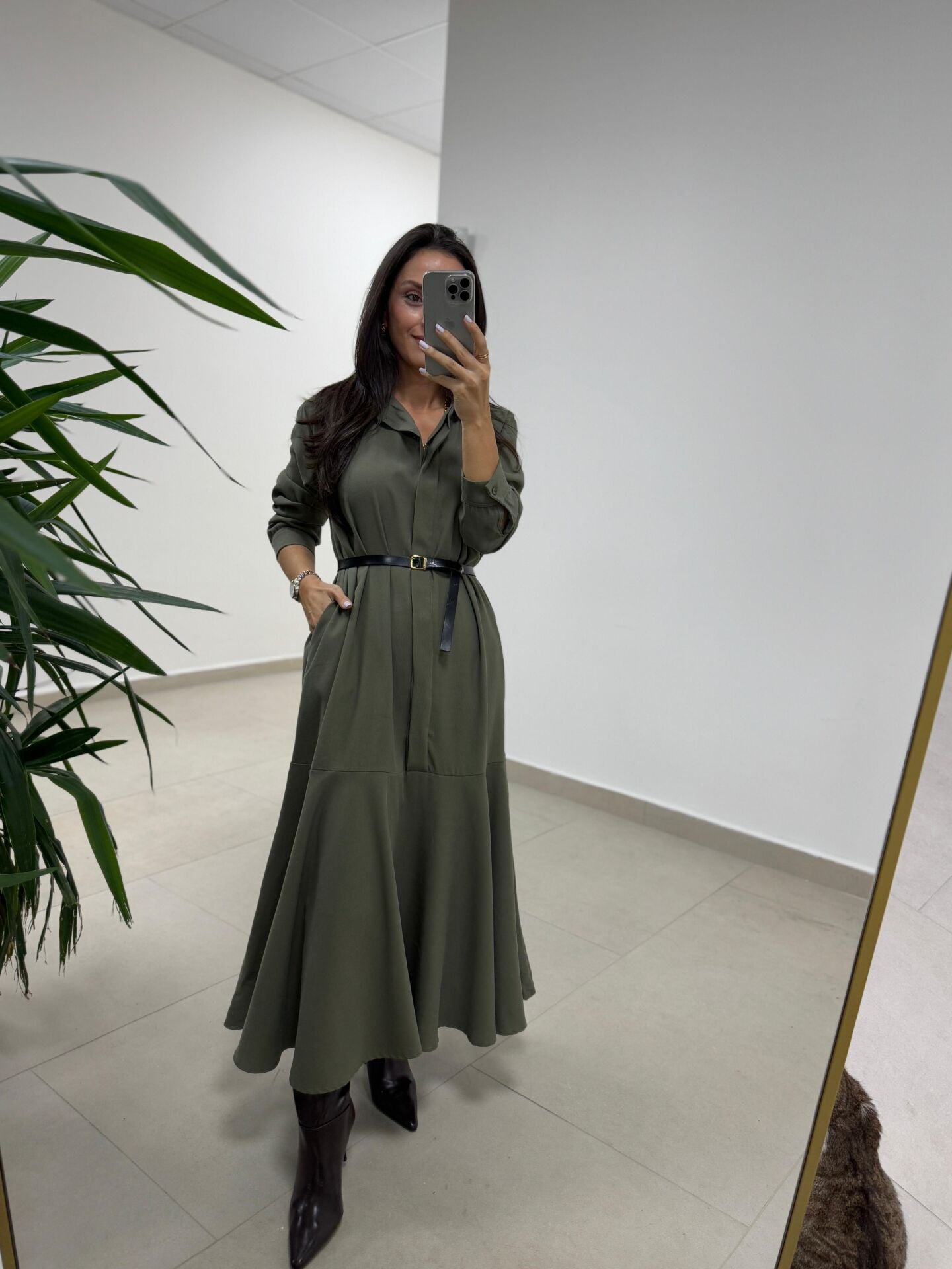 Dr 8545 Haki Etek Volanlı Gömlek Elbise