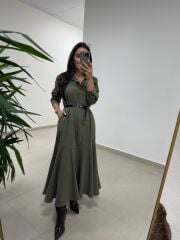 Dr 8545 Haki Etek Volanlı Gömlek Elbise