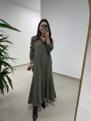 Dr 8545 Haki Etek Volanlı Gömlek Elbise